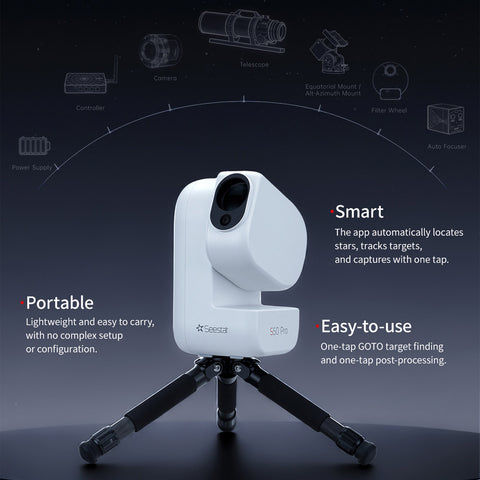A white and black ZWO S50 Pro portable digital telescope on a small tripod stand, set against a dark starry background with feature callouts reading Portable, Smart, and Easy-to-use.