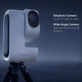 A Seestar telescope device mounted on a tripod against a dark blue gradient background, with text callouts identifying Telephoto Camera and Wide-Angle Camera features.