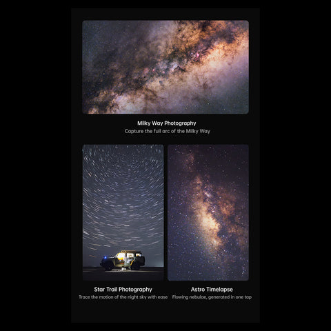 A vertical poster or print featuring three space-themed photographic panels on a black background. The top panel shows the Milky Way galaxy with the caption 'Milky Way Photography: Capture the full arc of the Milky Way.