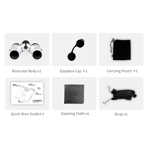 Infographic showing what is in the box of the ZWO Seestar Binoculars including eyepiece cap, carry pouch, user guide, cleaning cloth, and strap to wear binoculars