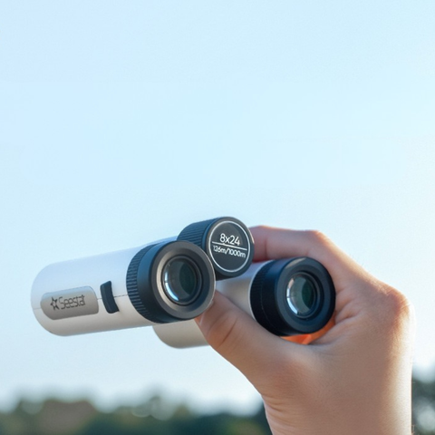 Hand holding ZWO Seestar Binoculars against a blue sky