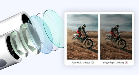 Motocross rider bright image side by side with motocross rider with darker imager showing the multicoated lens technology of the ZWO Seestar Binoculars