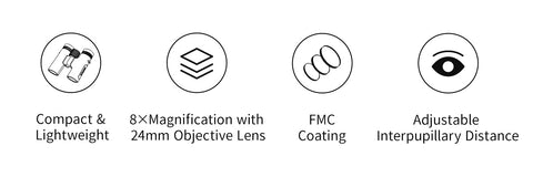 Infographic highlighting features of the ZWO Seestar Binoculars including, compact and lightweight, 8x magnification with 24mm objective lens, FMC coating, and adjustable interpupillary distance