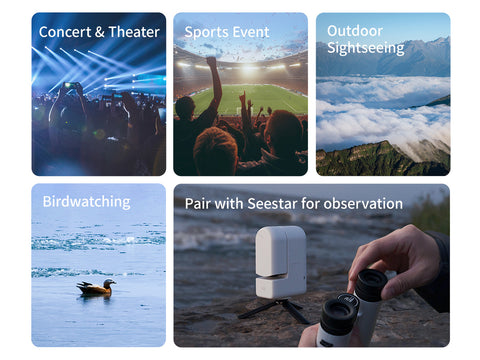 Infographic showing use settings of the ZWO Seestar Binoculars, including at a concert or theater, sports event, outdoor, and birdwatching
