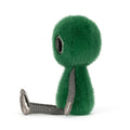 Green plush toy with metallic legs side view