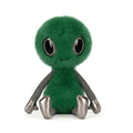 Green alien plush toy with black eyes and silver limbs 