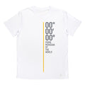 Adult white t-shirt printed with grey zero degrees numbers and 'Prime Meridian of the World' writing on the left of the chest. A yellow line runs down the centre of the t-shirt.