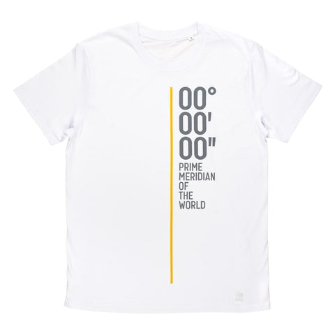Adult white t-shirt printed with grey zero degrees numbers and 'Prime Meridian of the World' writing on the left of the chest. A yellow line runs down the centre of the t-shirt.