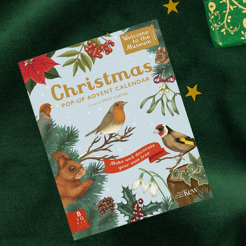 Christmas pop-up advent calendar with nature-themed illustrations on a green background