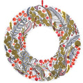 A circular wreath design featuring an intricate botanical pattern with gold and olive leaves, red berries, and gray-blue foliage.