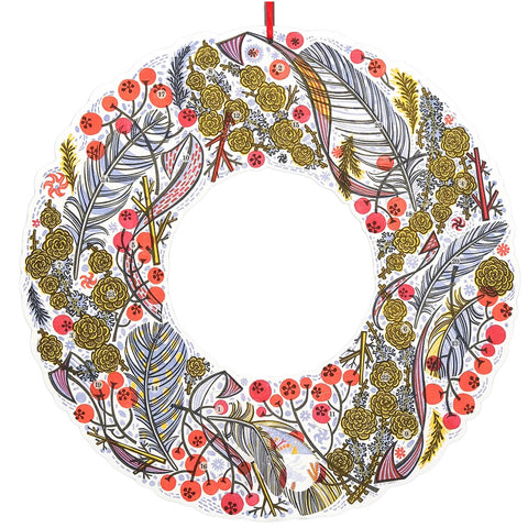 A circular wreath design featuring an intricate botanical pattern with gold and olive leaves, red berries, and gray-blue foliage.