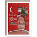 Vintage style Christmas card with image of Santa Claus climbing into a chimney with a sack of gifts over his shoulder