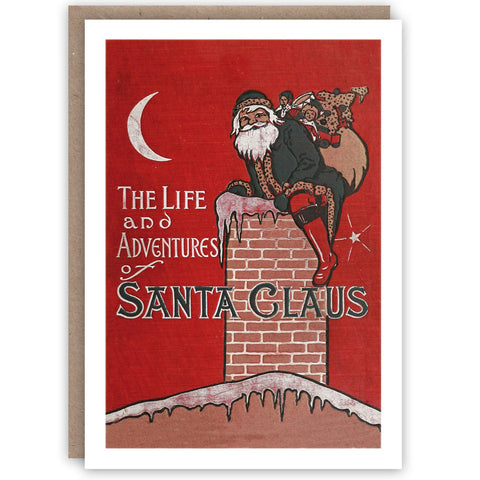 Vintage style Christmas card with image of Santa Claus climbing into a chimney with a sack of gifts over his shoulder