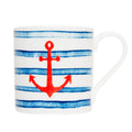 White and blue striped mug with red anchor image.