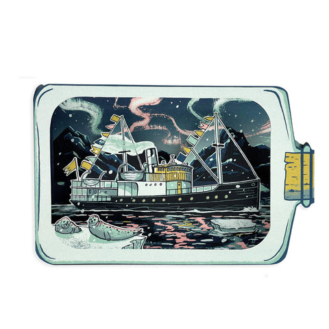 Illustration of a ship on water with a stylized sky, on a greeting card