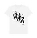 White t-shirt with black printed image of three astronauts
