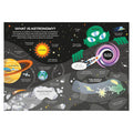 Educational book pages about astronomy with space-themed graphics and text.
