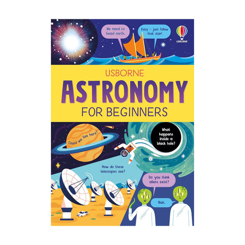 Book cover of 'Astronomy for Beginners' by Usborne with space-themed illustrations 