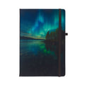 Notebook with a design of the Northern Lights over a lake on the cover