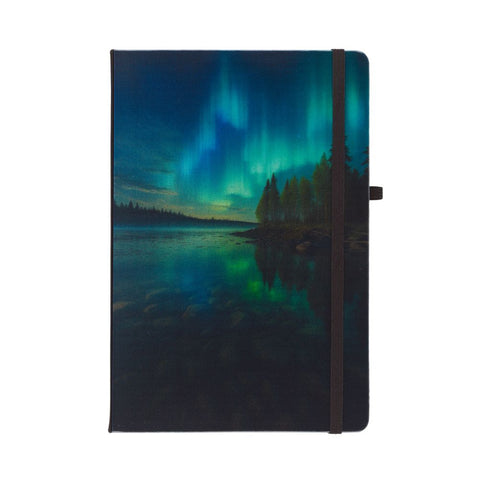 Notebook with a design of the Northern Lights over a lake on the cover