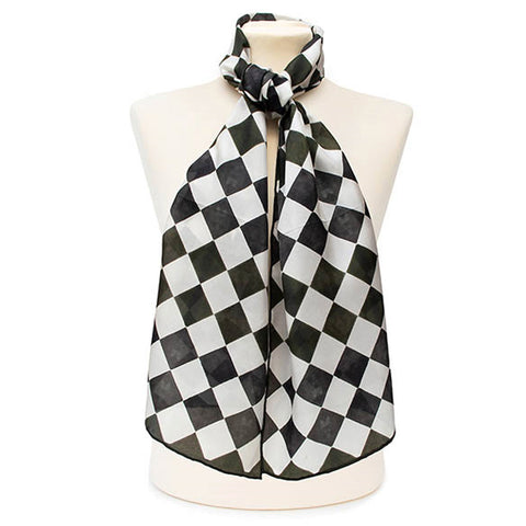 chequered pattern black and white silk scarf