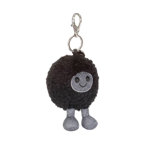 black blush round bag charm with grey sparkly face and legs