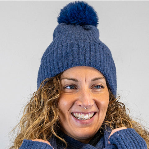 Navy Pom Pom Hat