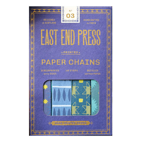 Packaging of East End Press paper chains with blue and green designs 