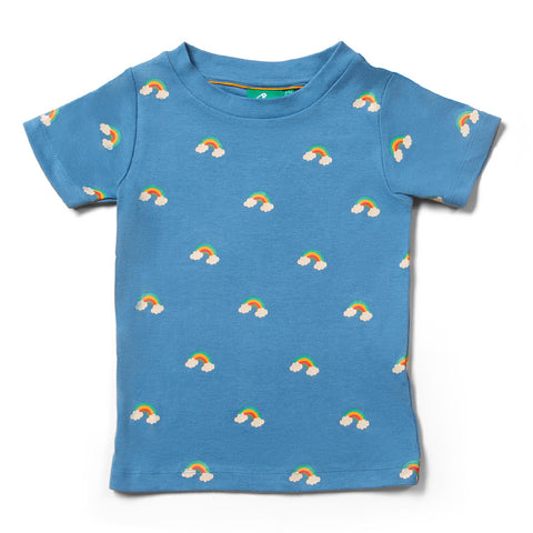 Kids Blue T-Shirt with Repeating Rainbows Pattern