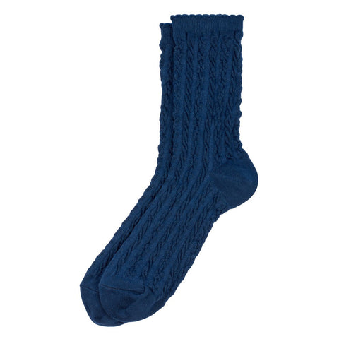 Navy blue socks with twisted rope texture.