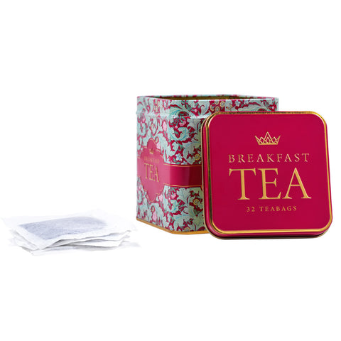 Red breakfast Tea tin with floral design and tea bags
