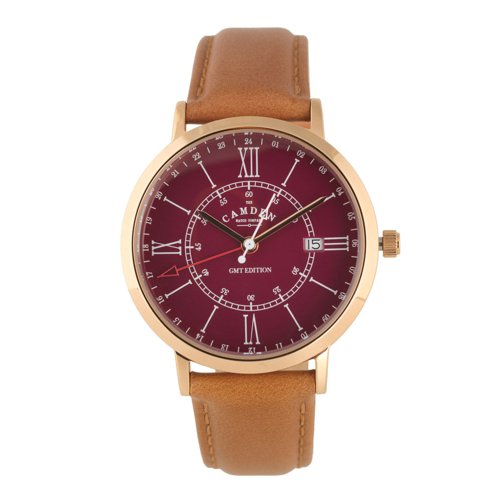 The Camden Watch Company GMT Watch Rose Gold and Oxblood with Tan Strap - 