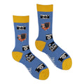 A pair of crew socks with a blue body, yellow toe and cuff, and a pattern of vintage cameras