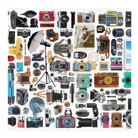 Collage of various cameras and photography equipment 