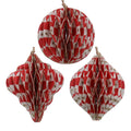 Three red and white checkered paper honeycomb ornaments with small gold star details, shown on a plain white background.