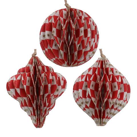 Three red and white checkered paper honeycomb ornaments with small gold star details, shown on a plain white background.
