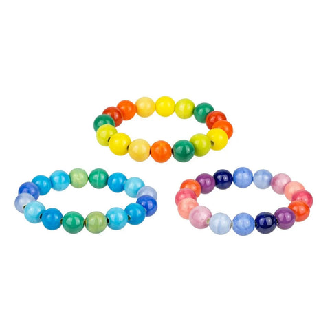 Three colourful bead bracelets.