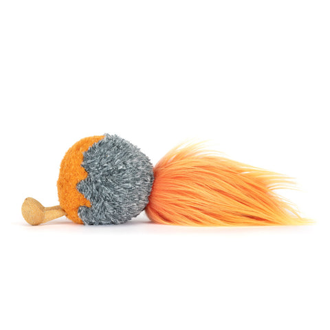 orange and grey plush toy with an embroidered flame motif and gold sparkly legs, and fluffy tail of flames