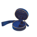 Open round navy fabric jewellery holder with compartments, a gold zip and gold wording, Lisa Angel.