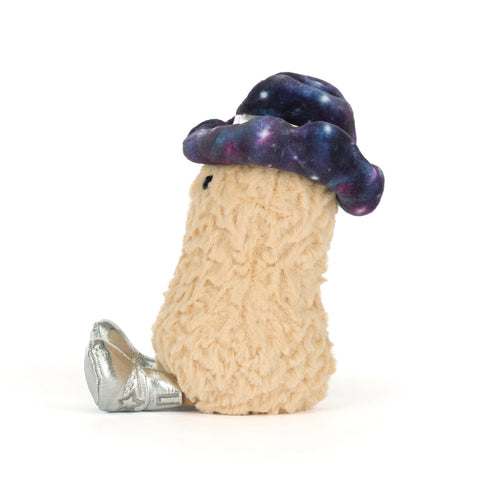Small plush toy character with a textured body and galaxy-patterned hat 