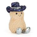a beige peanut shaped plush to with shiny silver cowboy boots and cowboy hat with a space print on it
