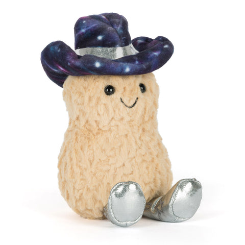 a beige peanut shaped plush to with shiny silver cowboy boots and cowboy hat with a space print on it