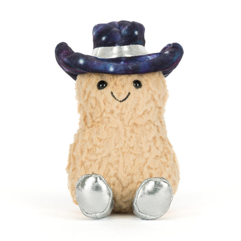 Plush toy resembling a cowboy with a blue hat and silver shoes 