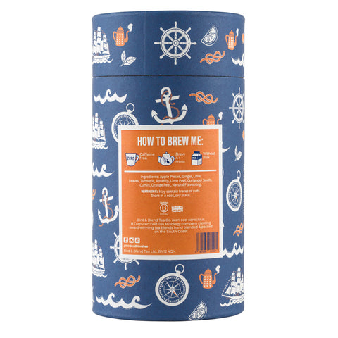 Back of blue, orange and white illustrated cardboard Cutty Sark Crew Tea packaging.