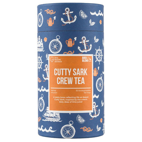 Blue, orange and white illustrated cardboard Cutty Sark Crew Tea packaging.