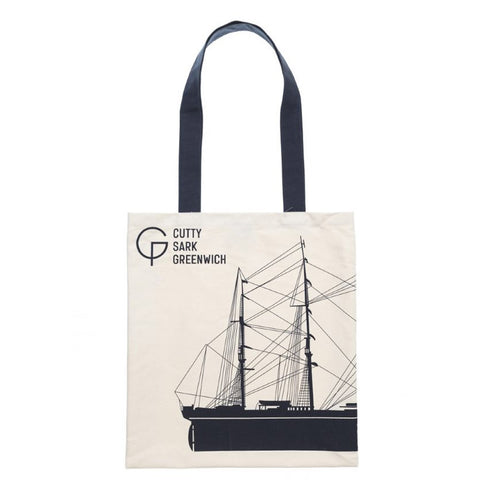 Cream tote with a blue handle and Cutty Sark design.