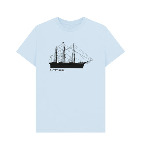Light blue t-shirt with a black ship graphic and 'Cutty Sark' text 