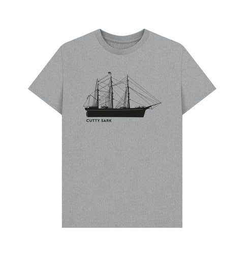 Grey t-shirt with black ship graphic design on the back, and 'Cutty Sark'