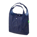 Navy blue tote bag with celestial pattern on a white background