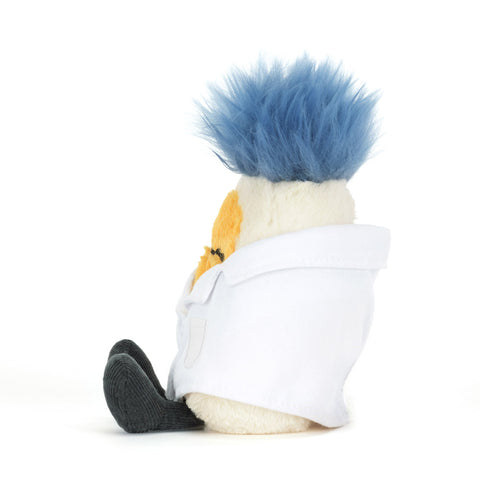 plush toy: boiled egg with blue hair, wearing glasses and a white lab coat embroidered with an orange Jellycat logo, side view